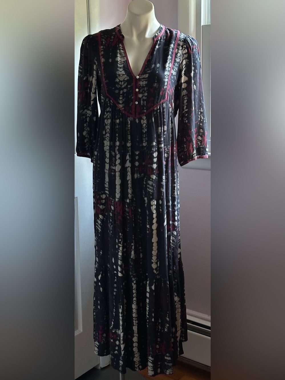 BA&SH Black Ivory & Red Trim Tie-Dye 3/4th Sleeves V-Neck WhiteTunic Dress Sz 6